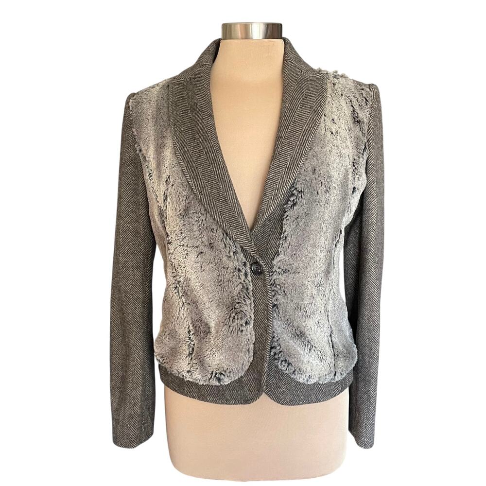 Rachel Roy Signature Wool Cashmere Herringbone Tweed Faux Fur‎ Jacket Sz 4